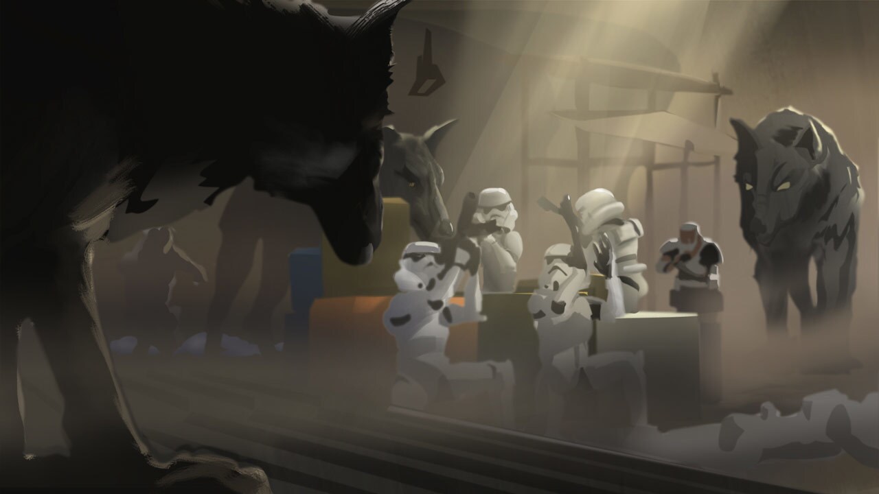 Loth-wolves and Imperial stormtroopers lighting concept art by Molly Denmark.