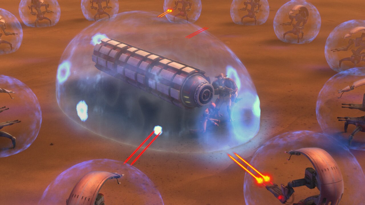 Sabine and Rex move the core to the Ghost, but are surrounded by battle droids. They use the core...