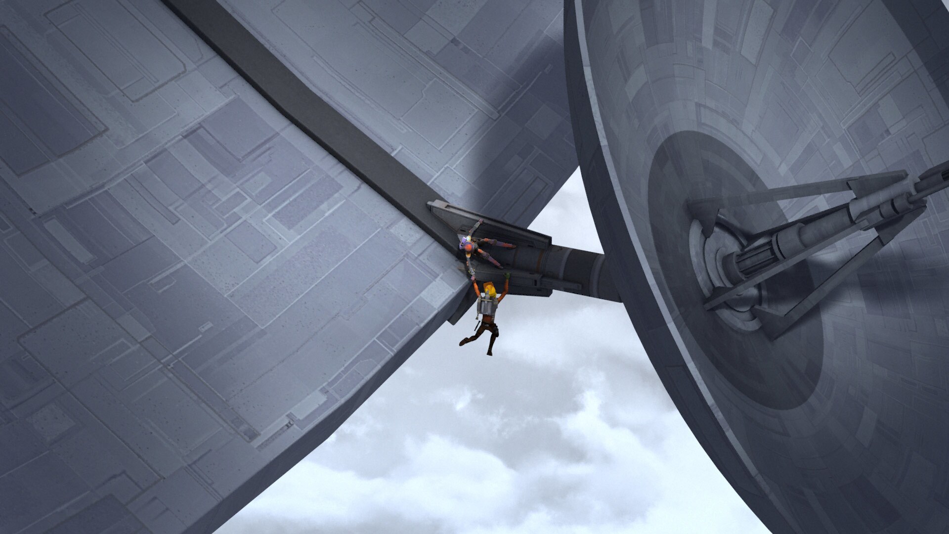 Both Chopper and the Empire attempt to tilt the dish, almost sending Ezra and Sabine over the edg...