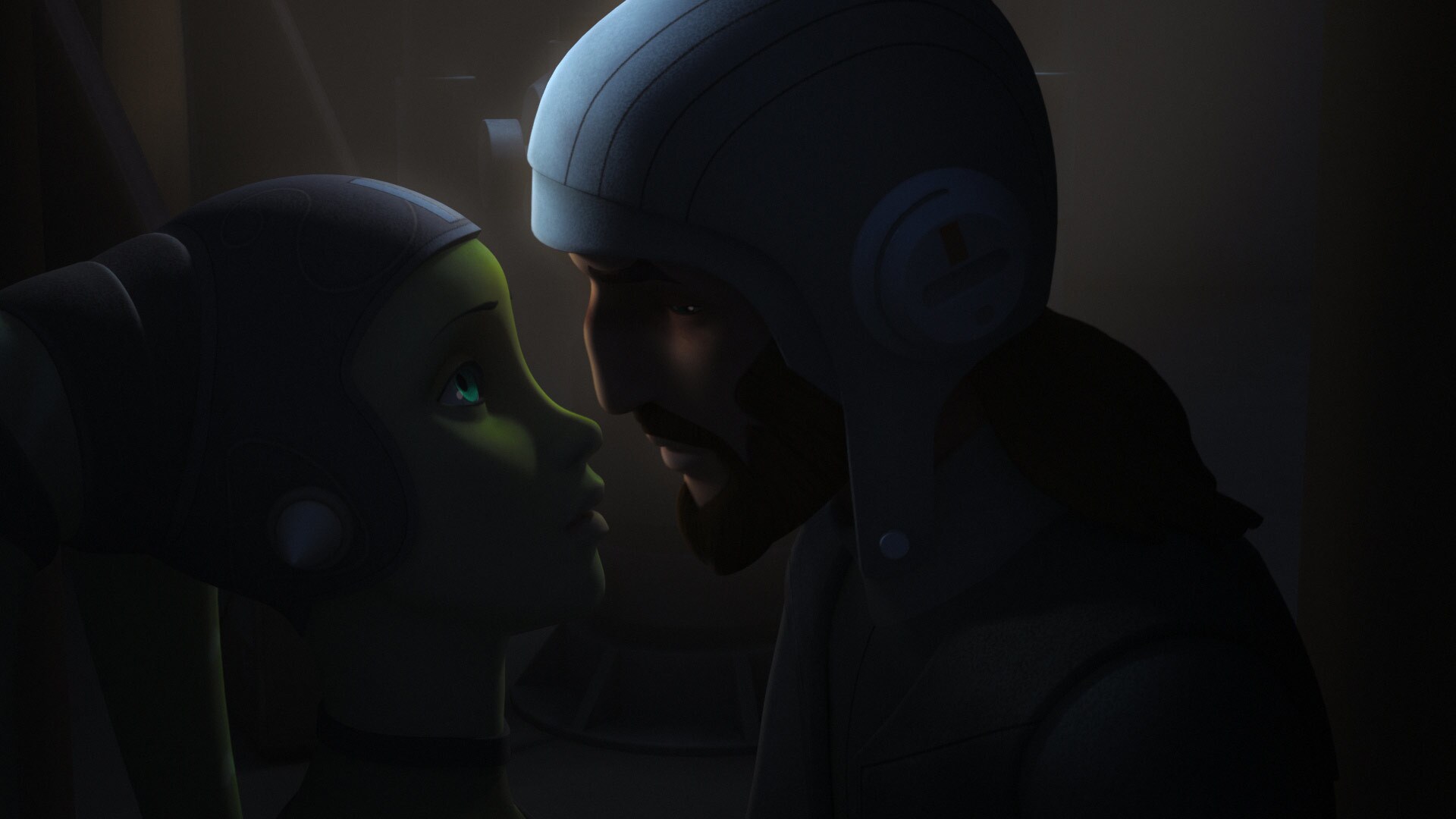 Elsewhere, Kanan and Hera hide from a patrol and share a moment. He wishes he could see her. "You...