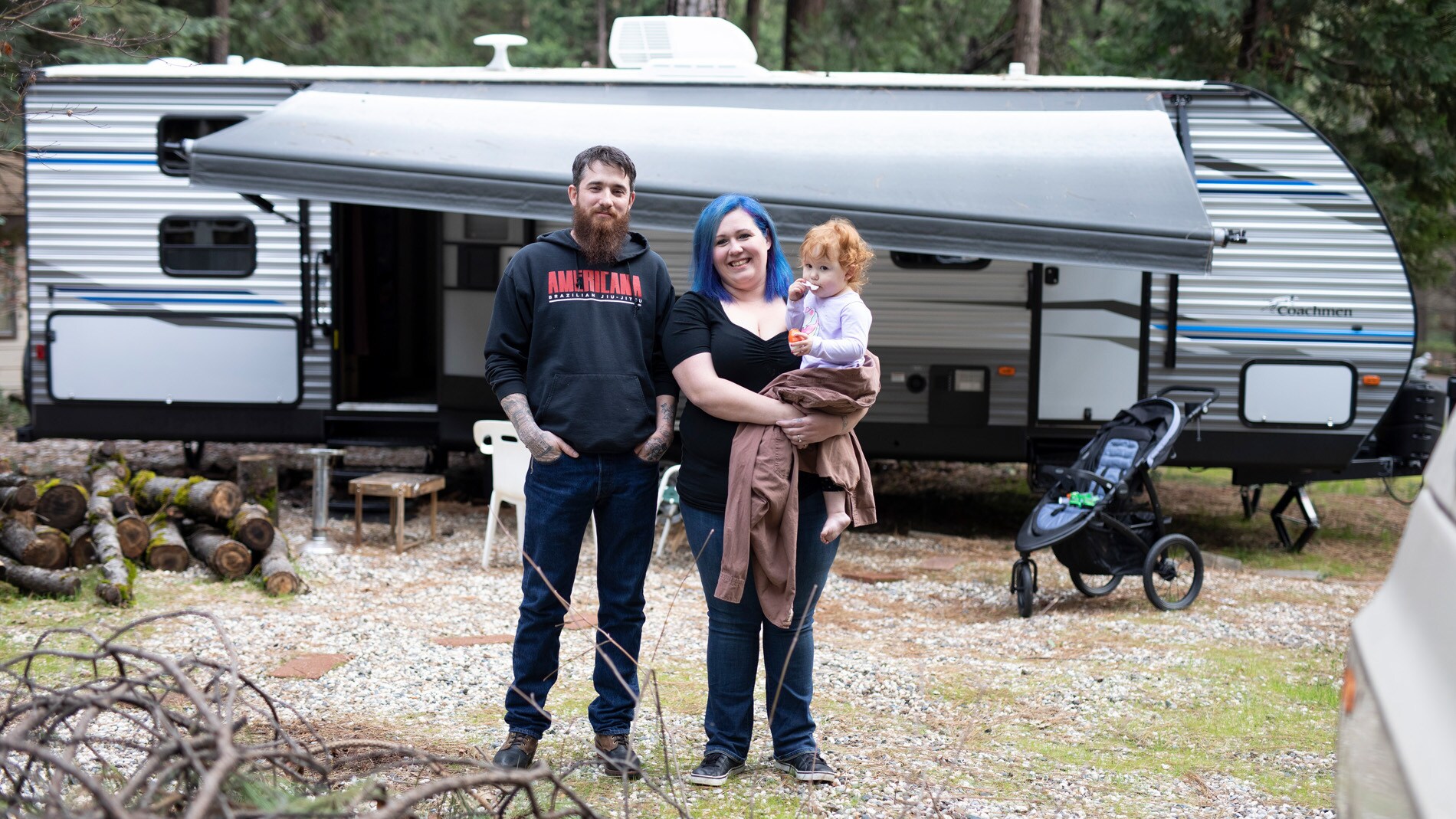 The Cox Family in front of their trailer in Magalia, CA. (National Geographic/Lincoln Else)