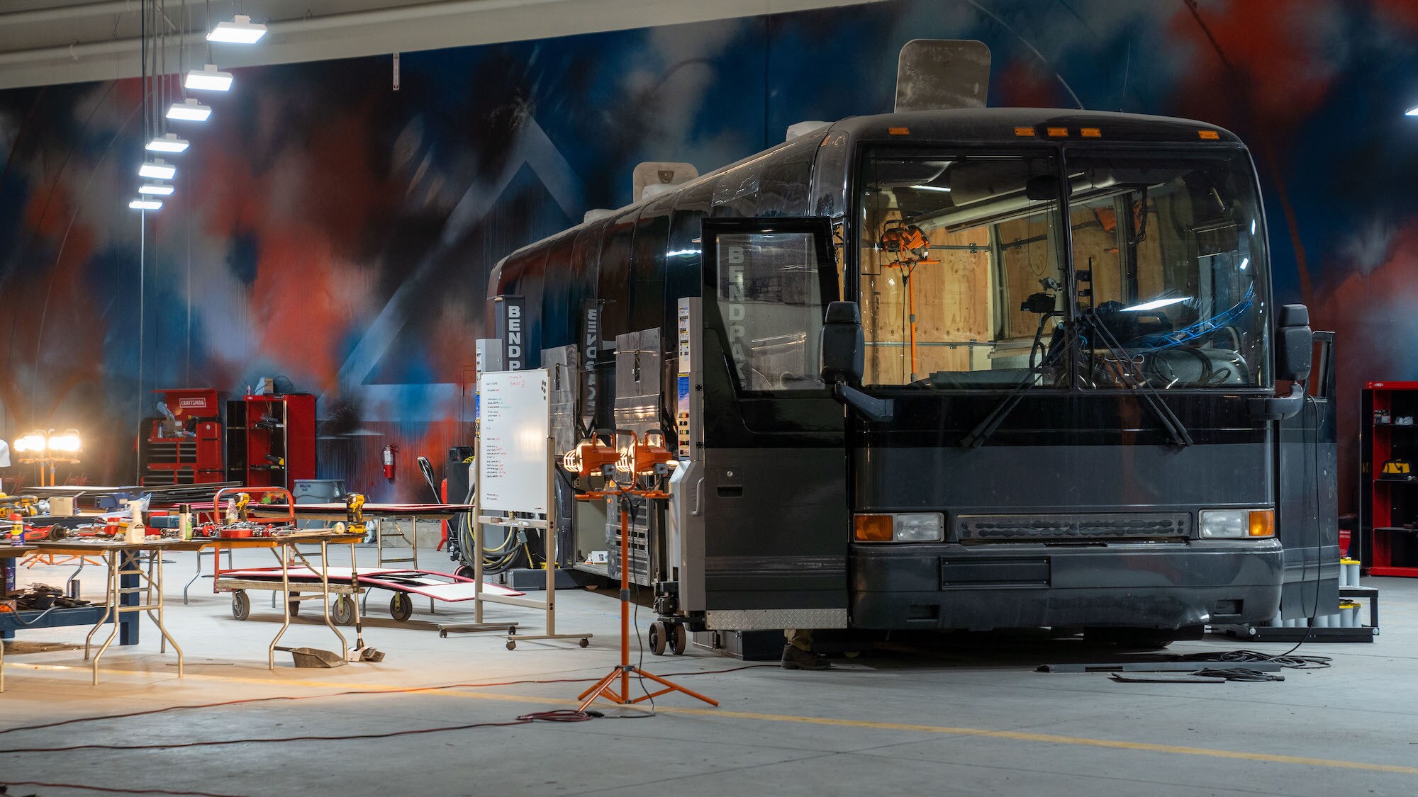 The bus to be delivered to The BASE Chicago is midway through the renovation, as seen on Disney's RENNERVATIONS. (Disney/Katrina Marcinowski)
