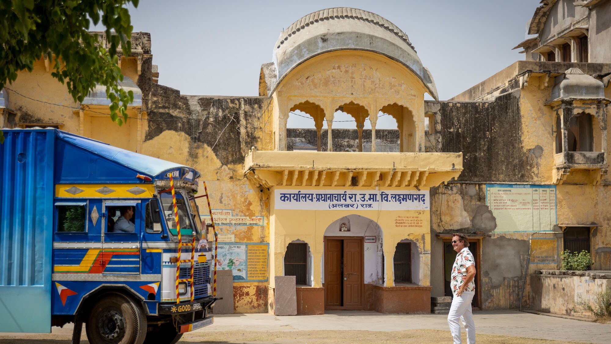 Rory Millikin watches as the completed water treatment truck is delivered in Alwar, Rajasthan, India, as seen on Disney's RENNERVATIONS. (Disney/Mansi Midha)