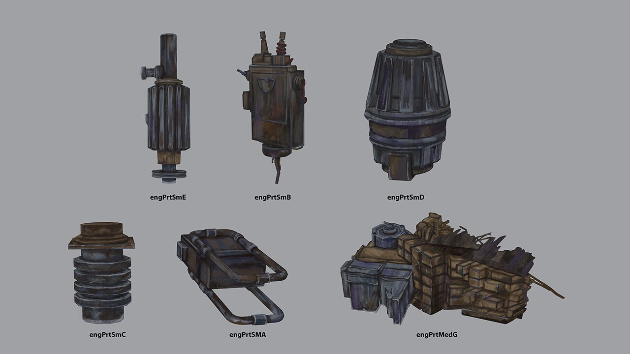 Metal pieces concept art by Charlotte Chen 
