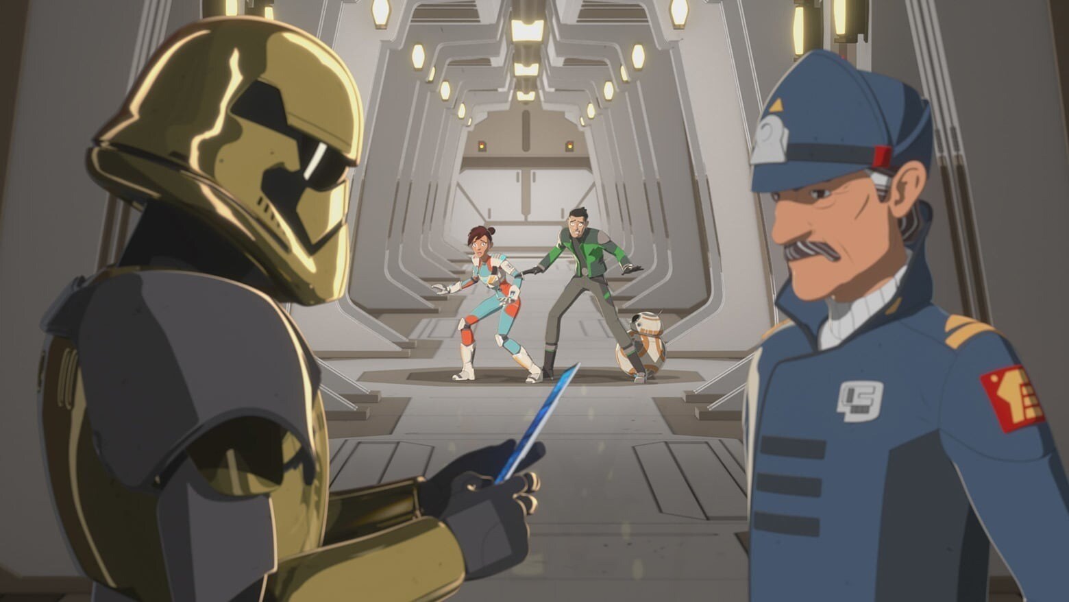 Captain Doza meets with the First Order, as Torra, Kaz, and BB-8 walk by in the background