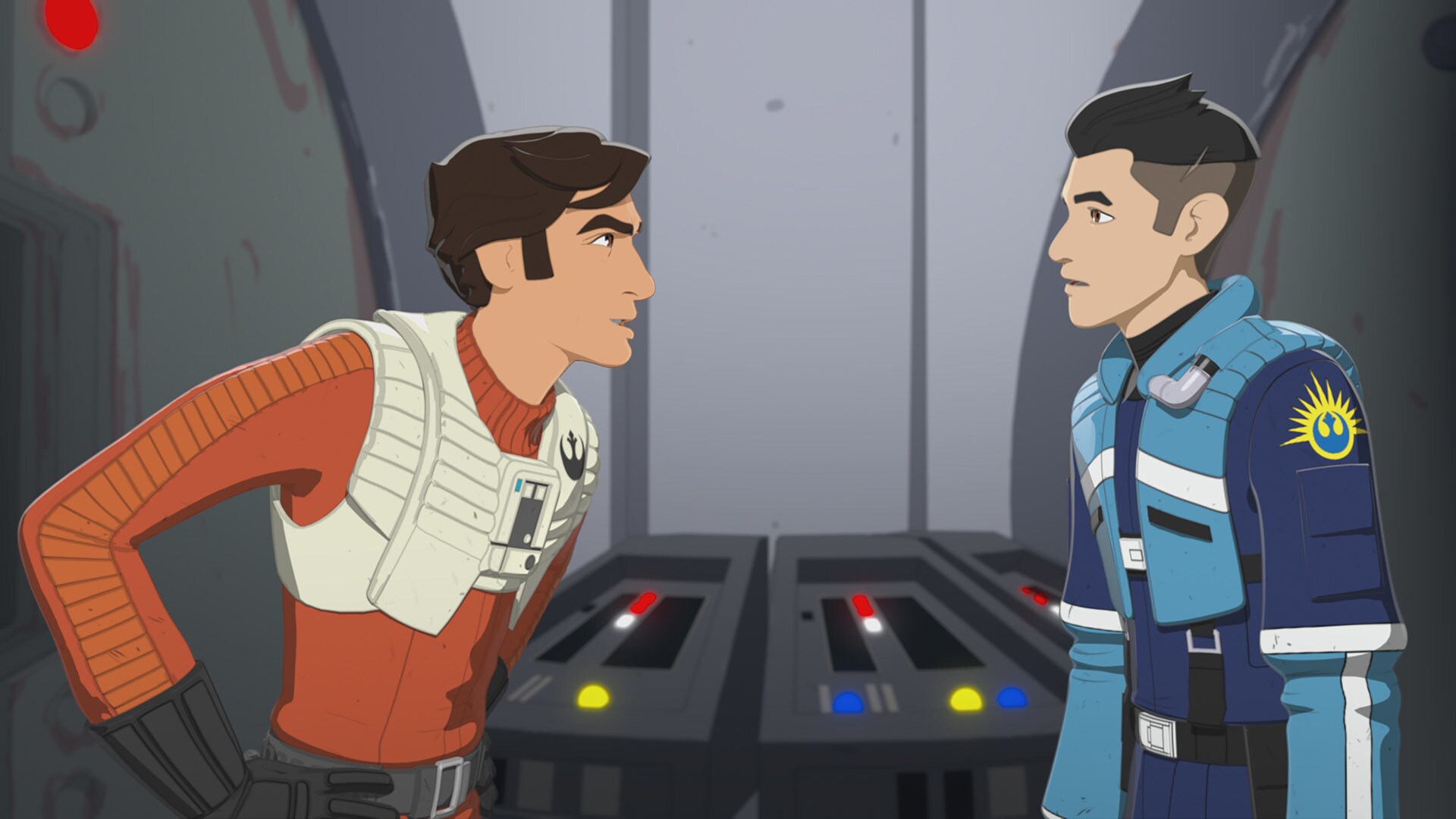 Aboard a Resistance blockade runner, Poe encourages Kaz to join him and fight with the Resistance.
