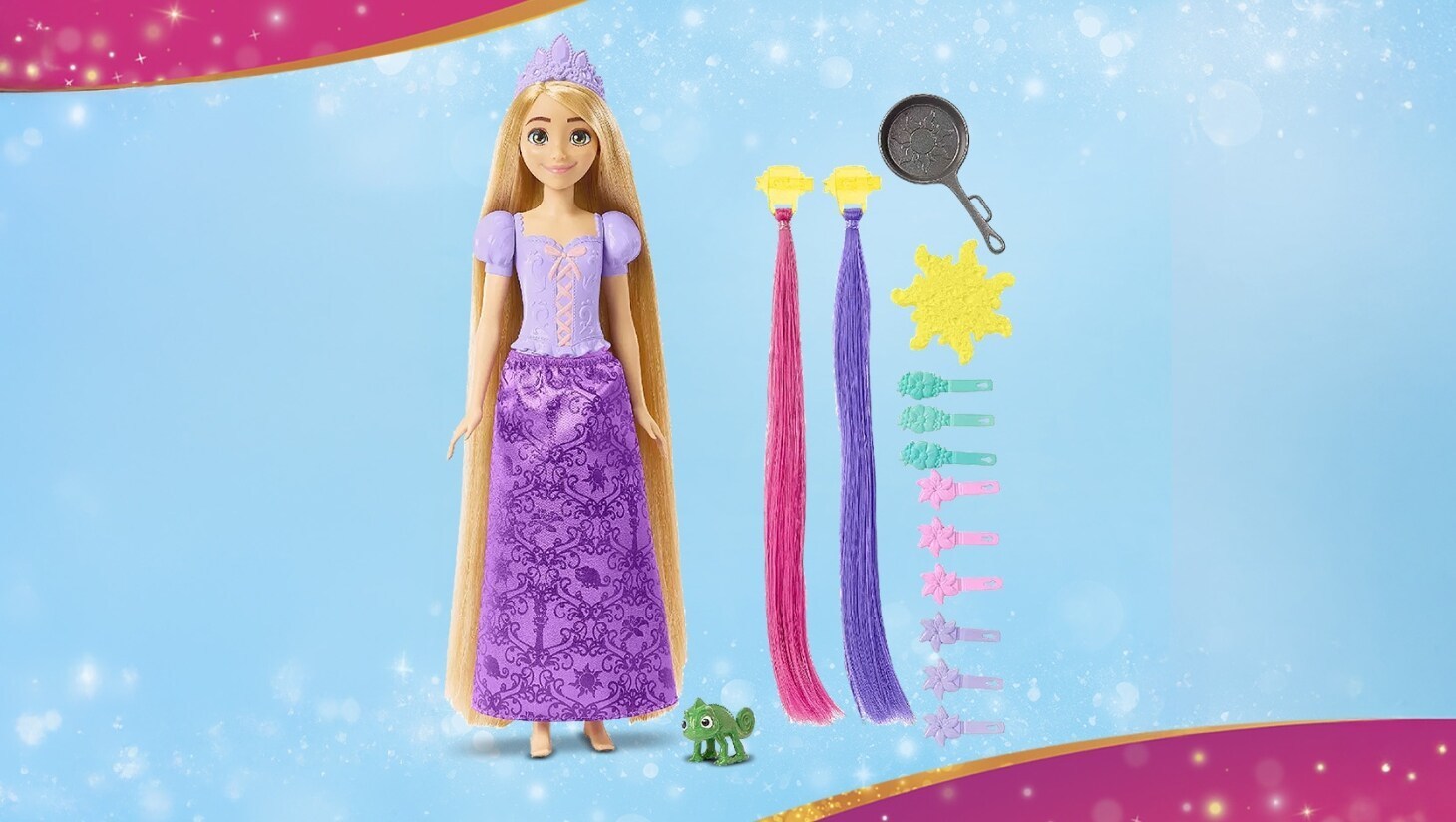 Rapunzel bebek seti, saç uzatma aparatları, saç tokaları, kızartma tavası, güneş şeklinde bir parça ve Bukalemun Pascal gibi aksesuarlarla birlikte geliyor.