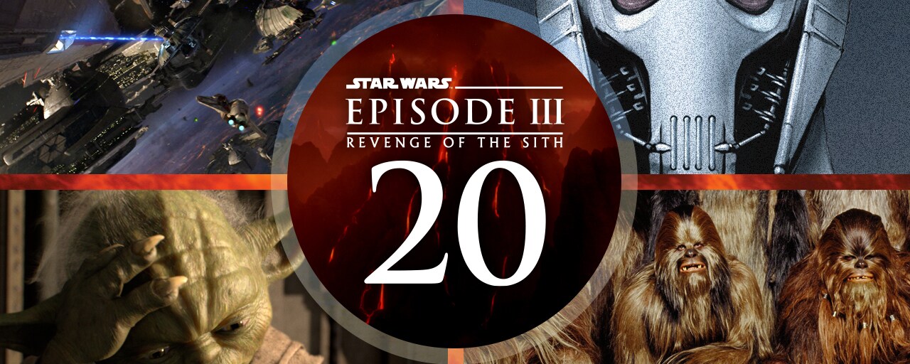Collage of Episode III scenes with Revenge of the Sith 20th anniversary logo