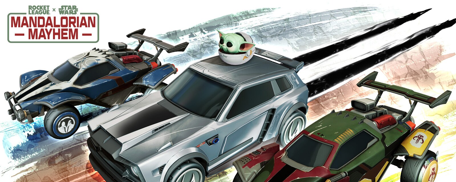 Rocket League's Mandalorian Mayhem key art featuring three Star Wars-themed cars