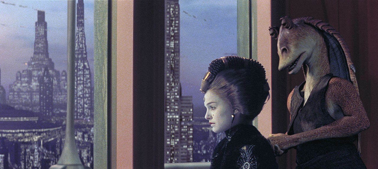 Jar Jar speaks with Queen Amidala out of concern for their shared home’s plight.