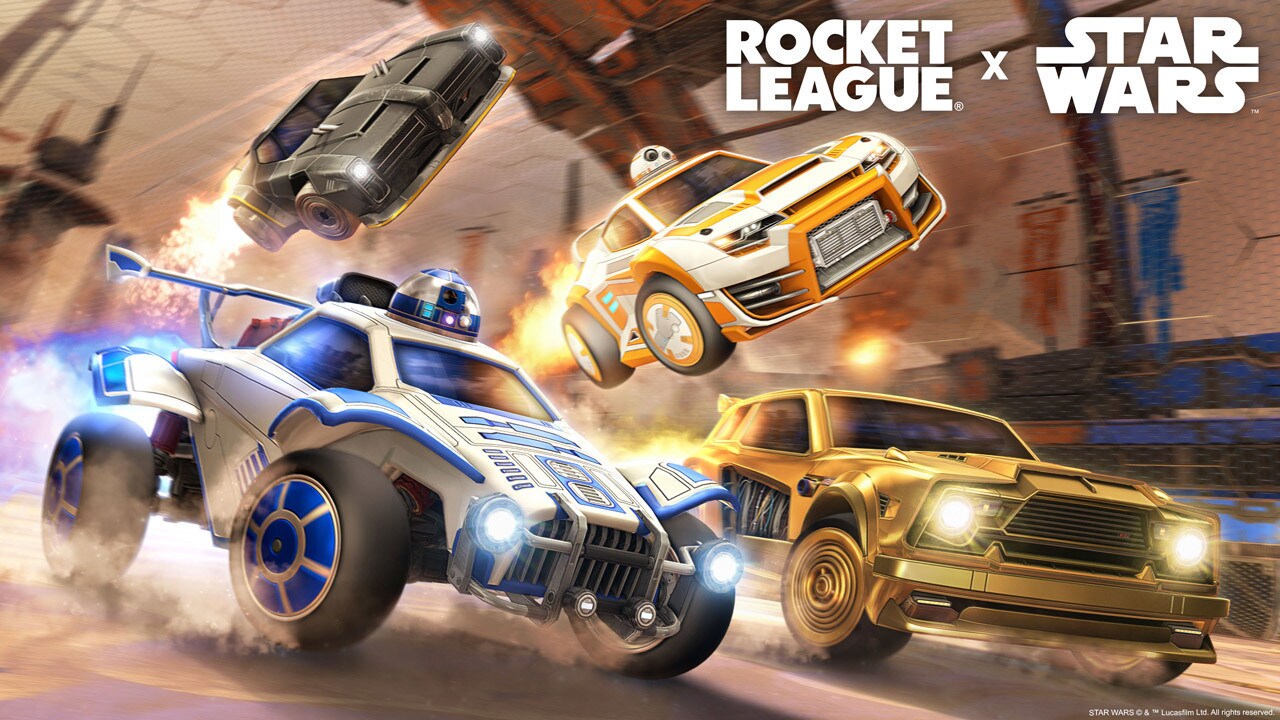 Rocket League x Star Wars key art featuring droid-themed cars.