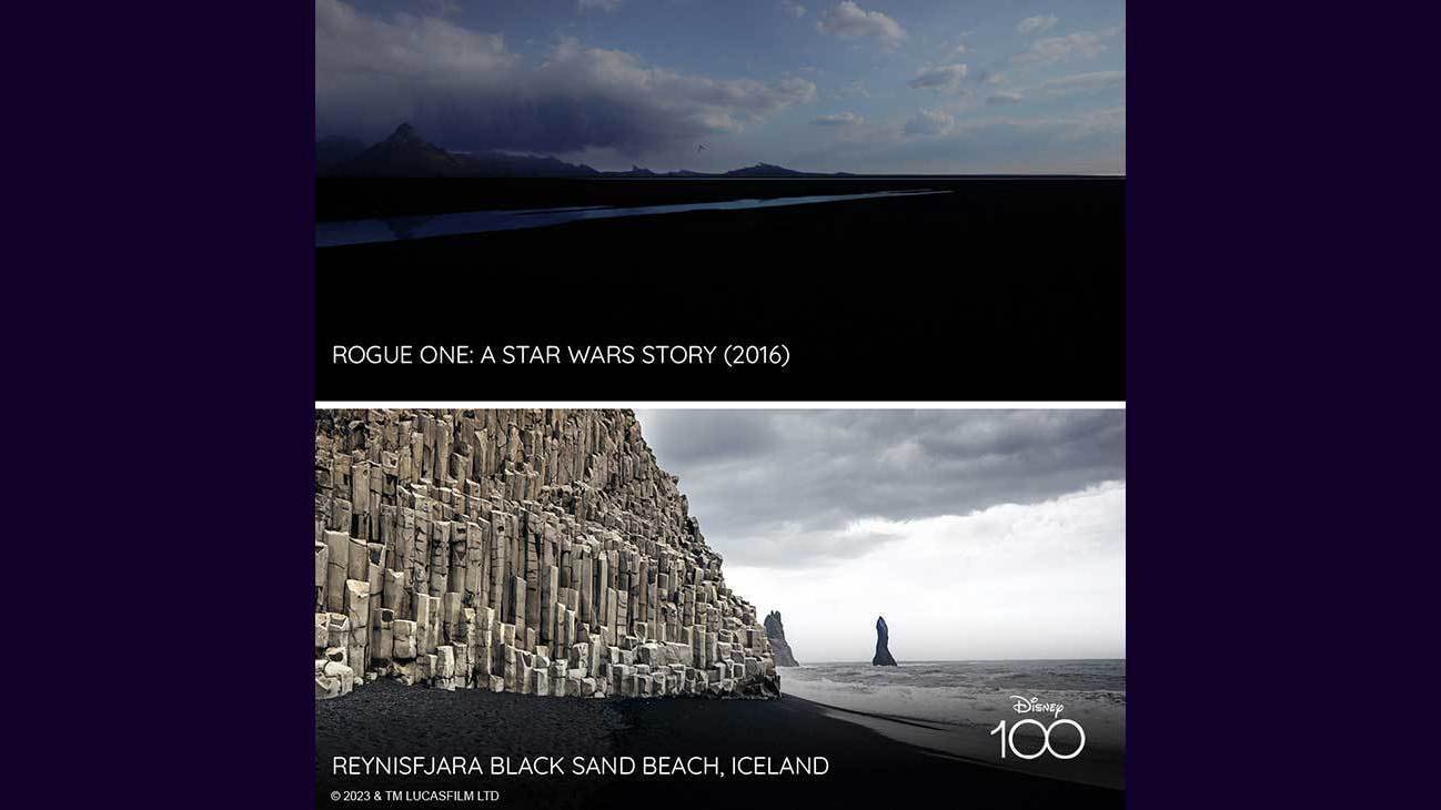 Scene from Rogue One: A Star Wars Story (2016) and image of Reynisbara Black Sand Beach, Iceland