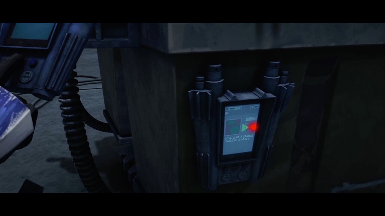 The text on Hevy's detonator screen says, in Aurebesh, "Atte Rul3z Some Text."
