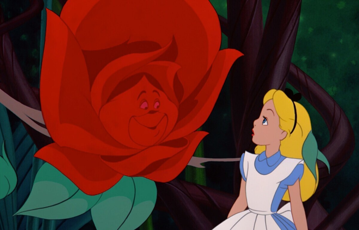 A rose talking to Alice in the animated movie "Alice in Wonderland"