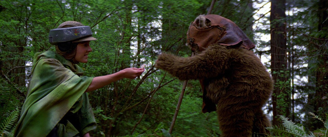 Leia and Wicket in Return of the Jedi.