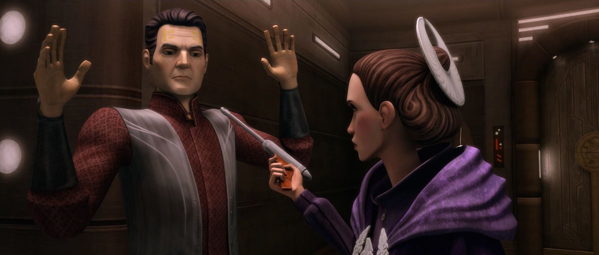 Padme Amidala interrogating Rush Clovis at gunpoint