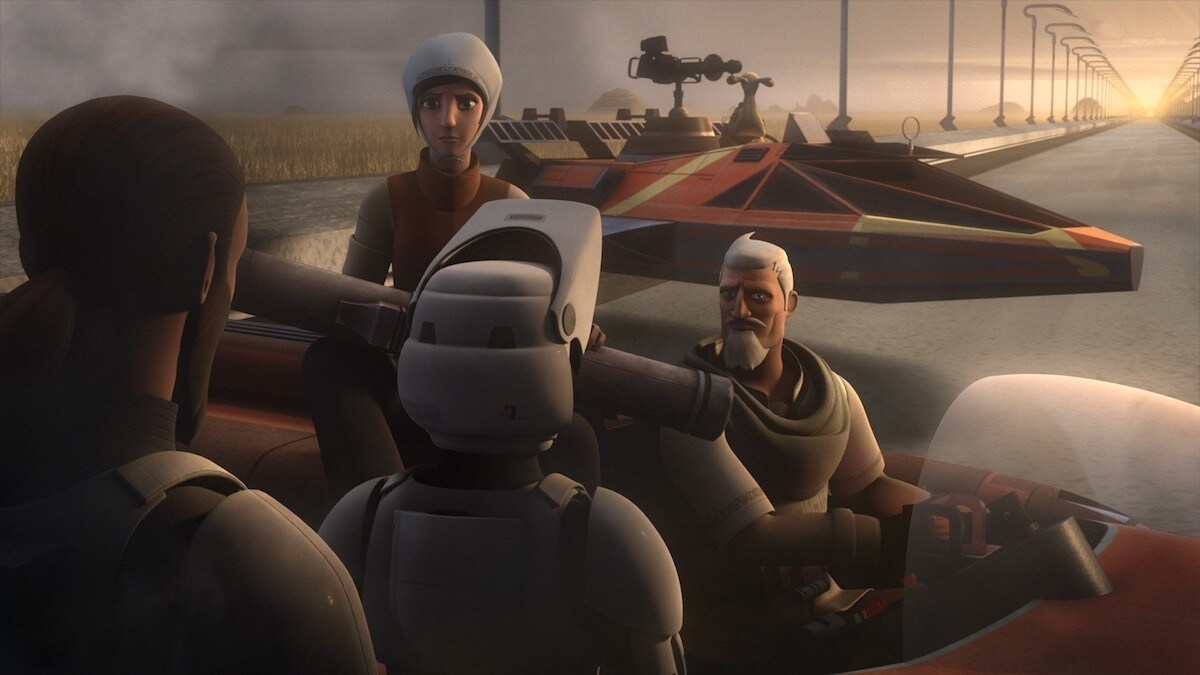 Ryder Azadi pilotting a speeder for Kanan Jarrus and Ezra Bridger
