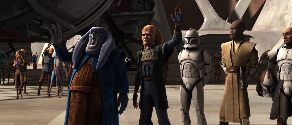 Orn Free Taa, Cham Syndulla, and Mace Windu celebrating a Republic victory on Ryloth