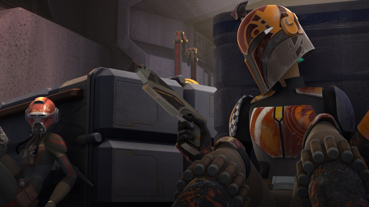 Sabine Wren and Ketsu Onyo engaged in combat Sabine Wren and Ketsu Onyo engaged in combat