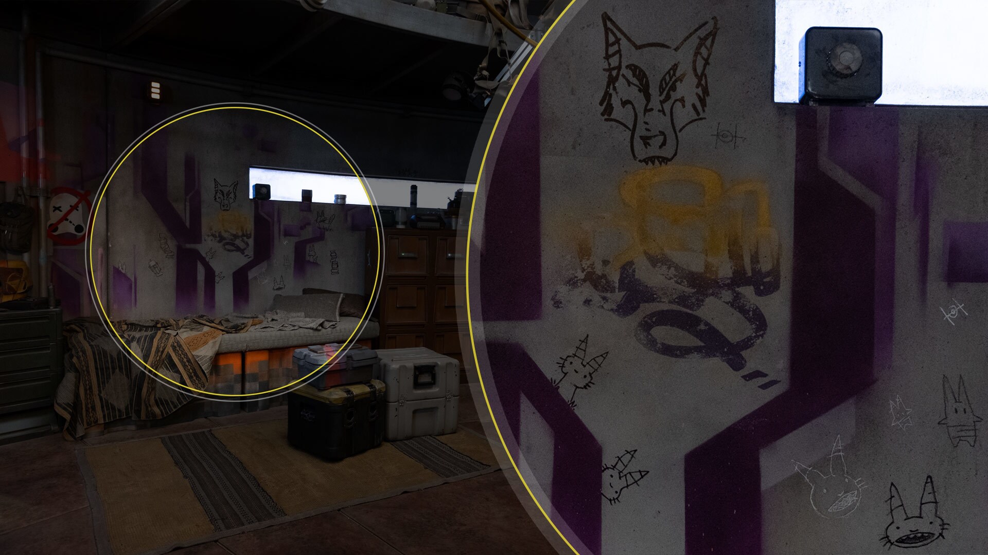 To the left of a window just above Sabine’s bed, the face of a Loth-wolf peers back, hand drawn onto the wall.