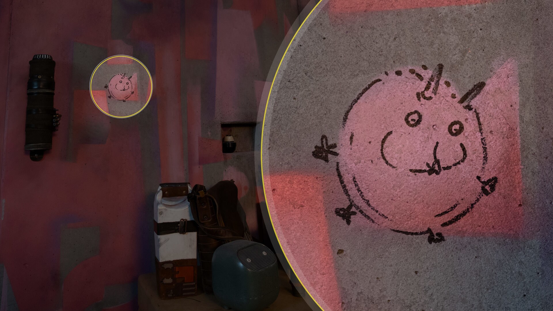 On one wall, Sabine has sketched a doodle of a puffer pig fully inflated.