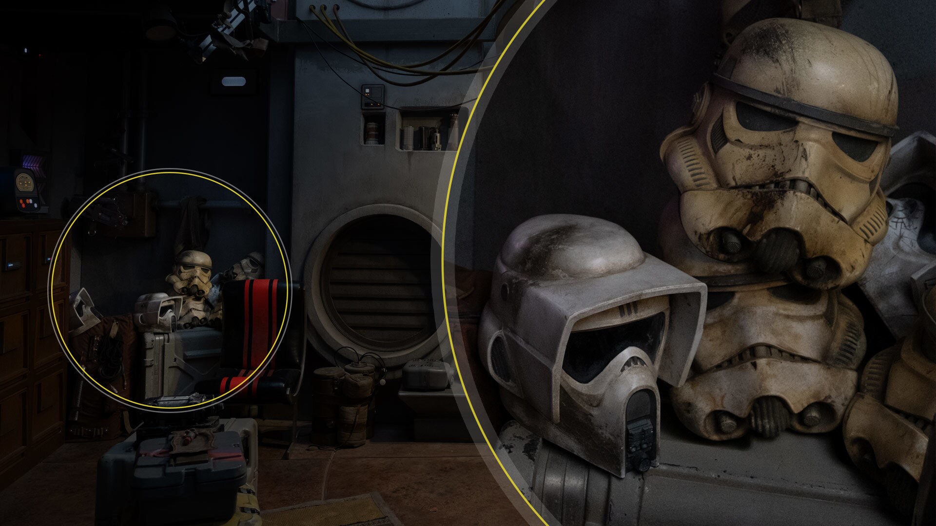 Near the painted versions, real stormtrooper helmets and a clean scout trooper bucket can be seen piled on a crate near the head of Sabine’s bed.