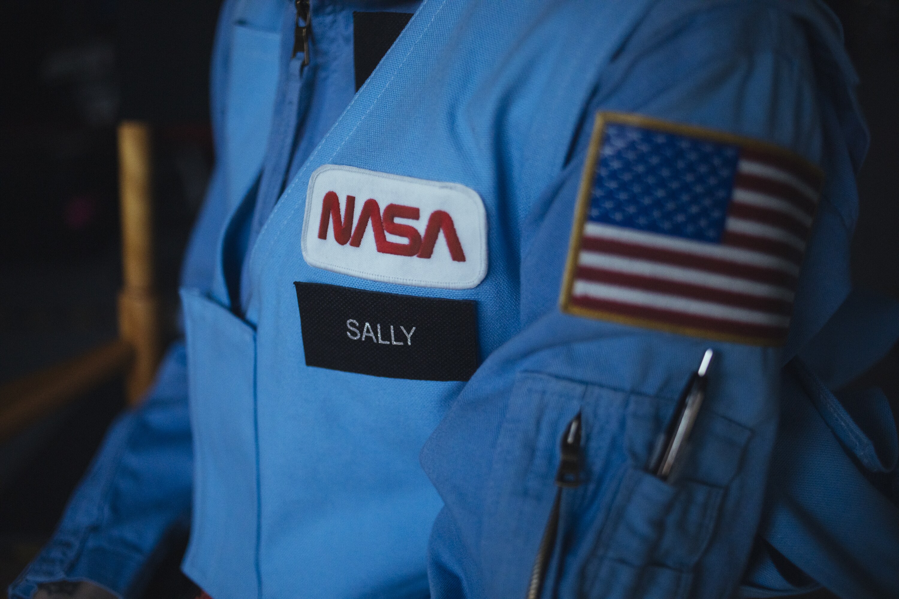A recreation of Astronaut Sally Ride's iconic name tag on her jumpsuit during the the STS-7 launch. (Credit: National Geographic/Parker Hill)