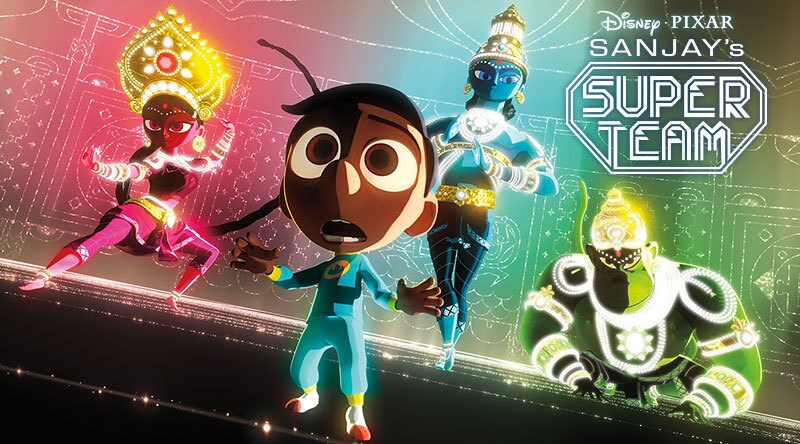 Sanjay stands in front of three Hindu gods on the poster for "Sanjay's Super Team"