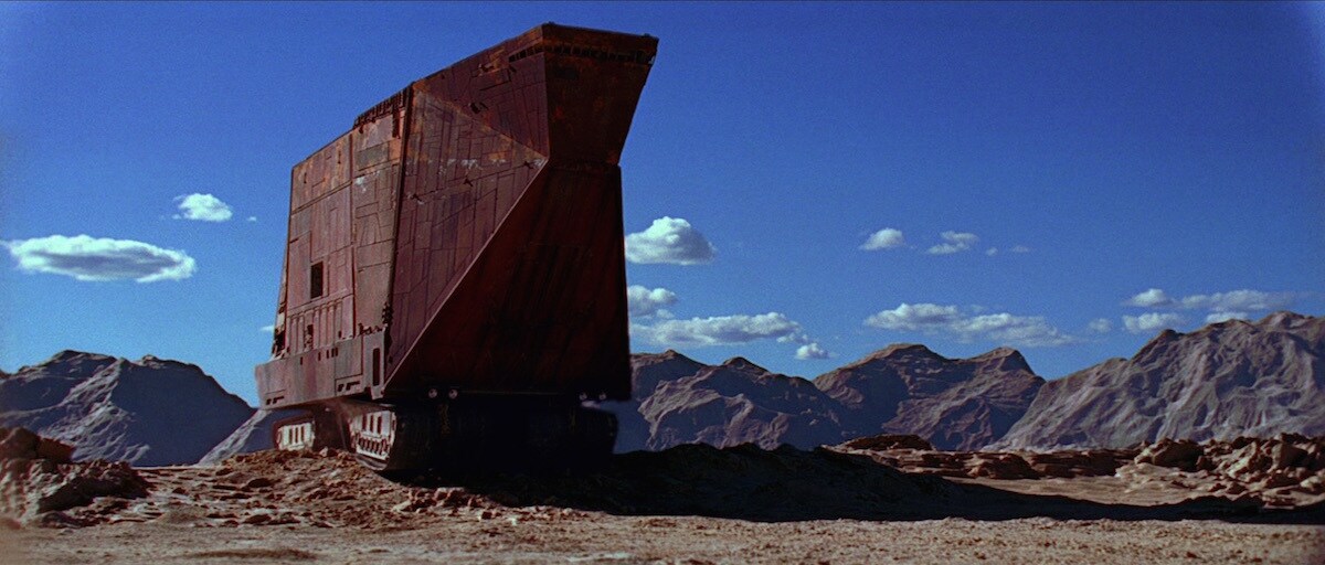 A Sandcrawler traversing the deserts on Tatooine