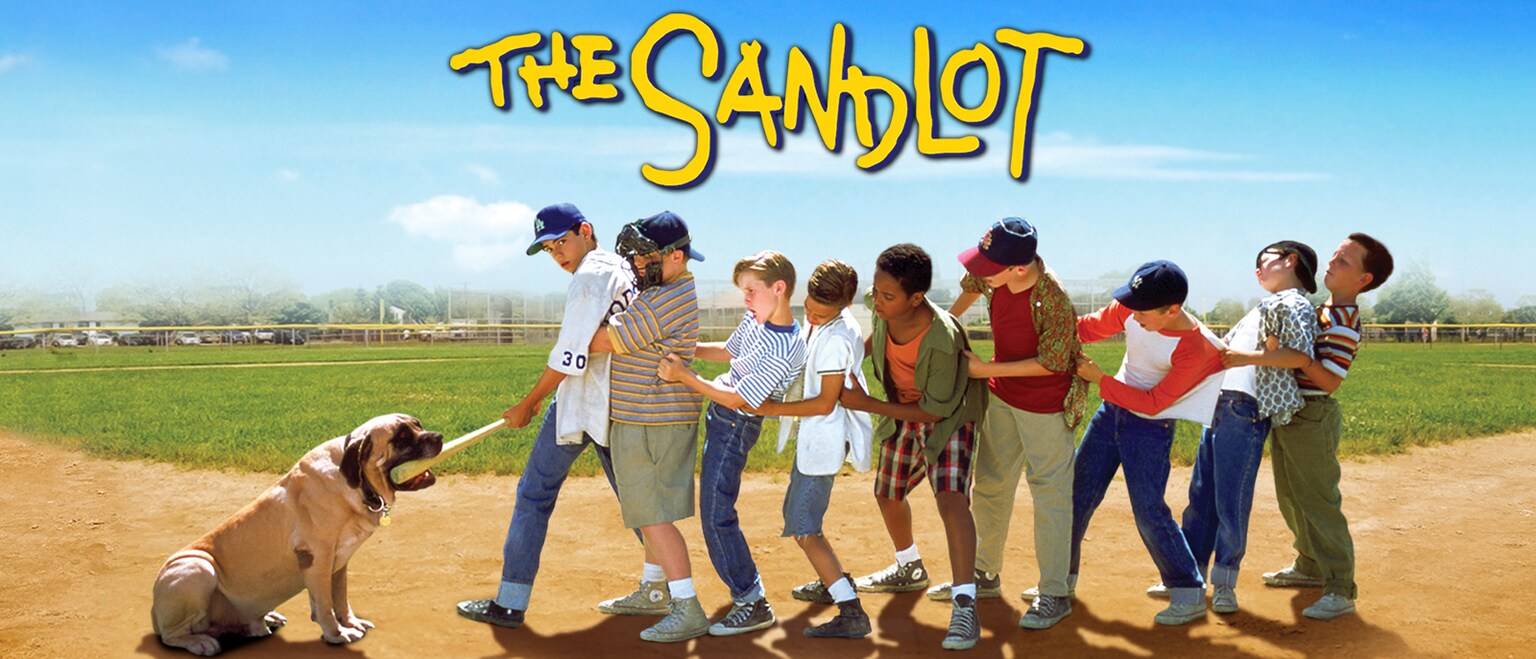 Kids from the movie "The Sandlot" on a baseball field