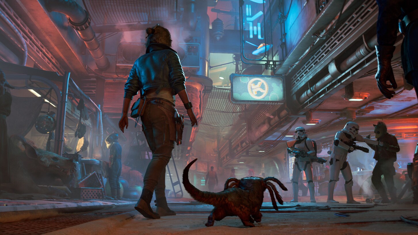 An in-engine screenshot of Kay and Nix making their way through the streets of Mirogana.