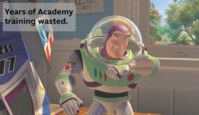 Buzz Lightyear from the movie "Toy Story" saying: "Years of Academy training wasted."