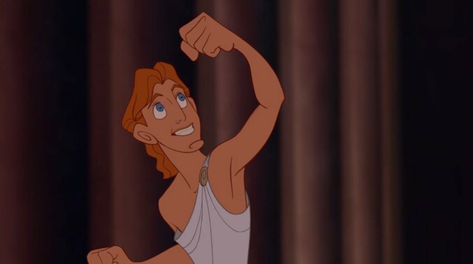 Hercules with his fist raised in the animated movie "Hercules"