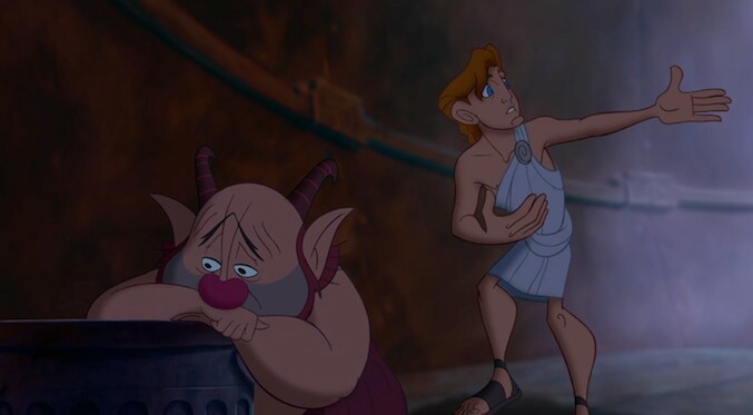 Hercules attempting to cheer up Phil in the animated movie "Hercules"