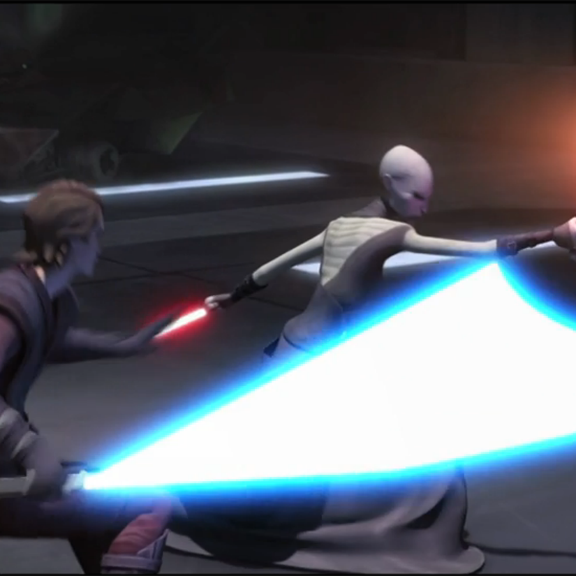 Asajj Ventress duels Anakin and Obi-Wan