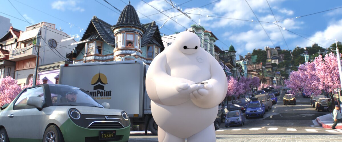 Baymax crossing a street in the animated movie "Big Hero 6"
