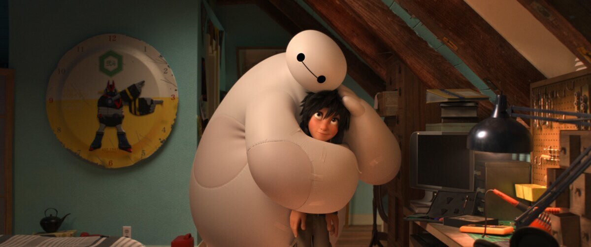 Baymax hugging Hiro in the animated movie "Big Hero 6"