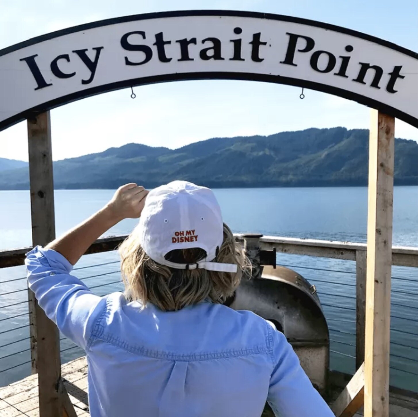 Icy Strait Point Sign in Alaska with Oh My Disney hat