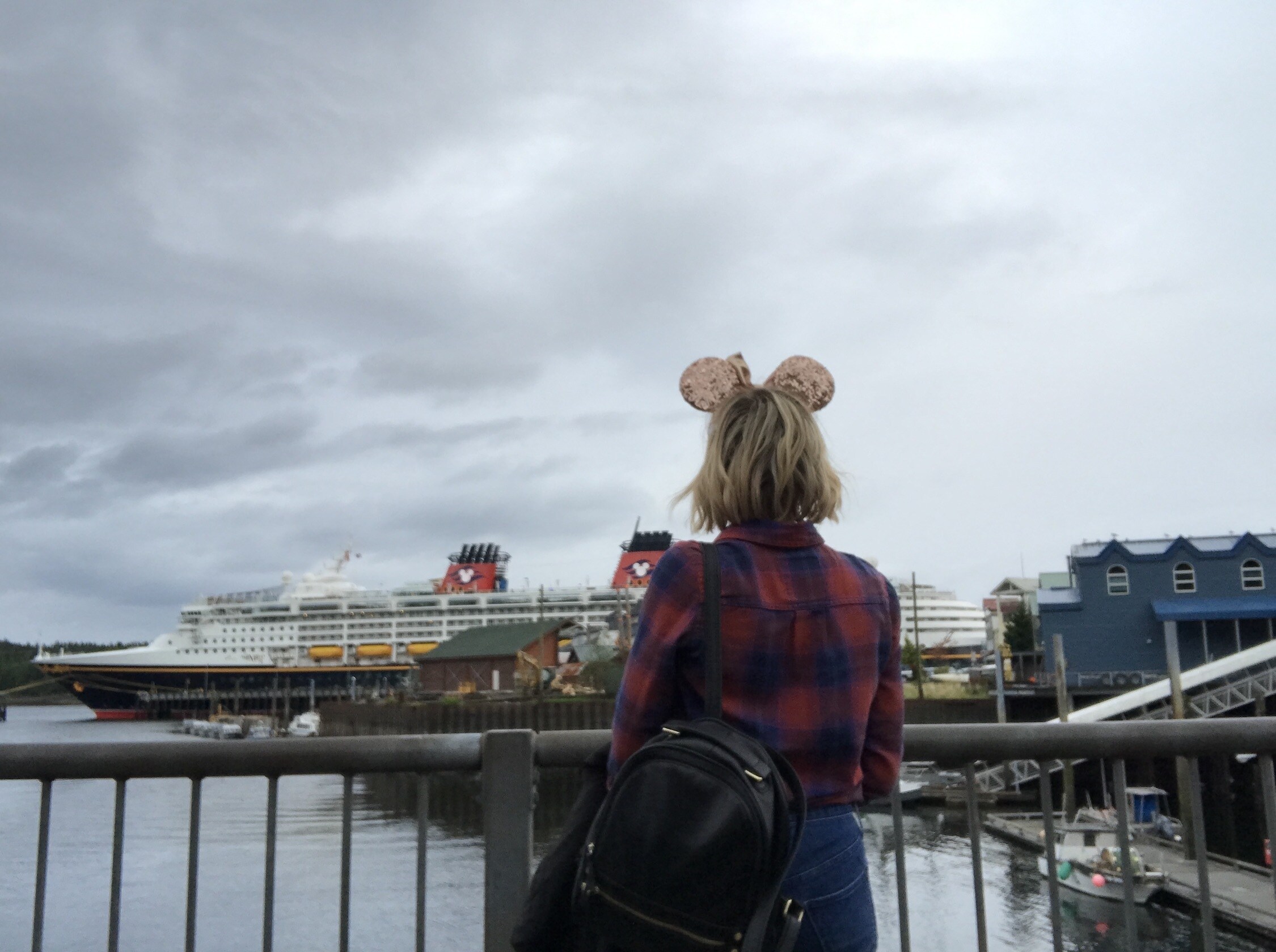 View of the Disney Wonder from Ketchikan with Host Wearing Minnie Ears