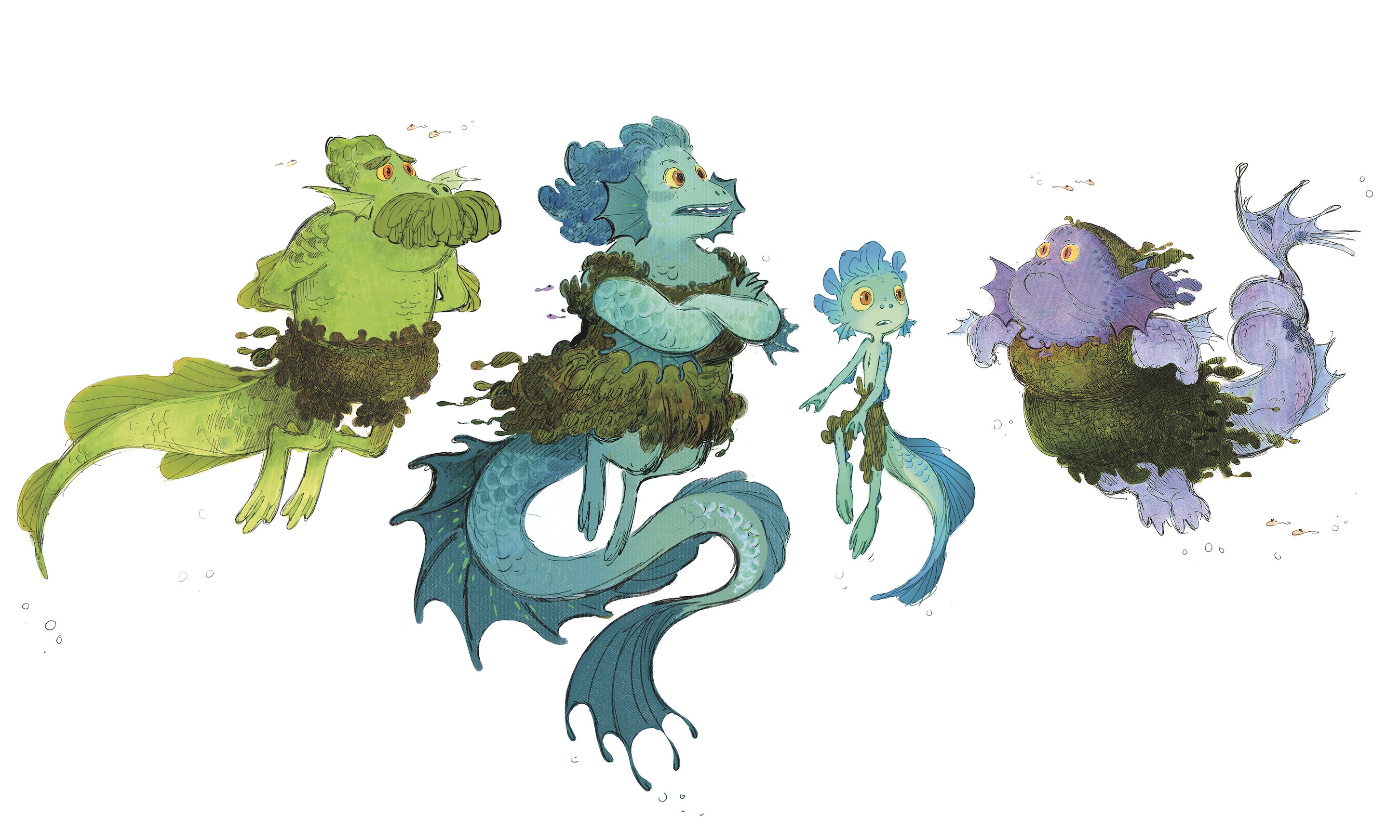 character designs of Luca and his family as sea monsters