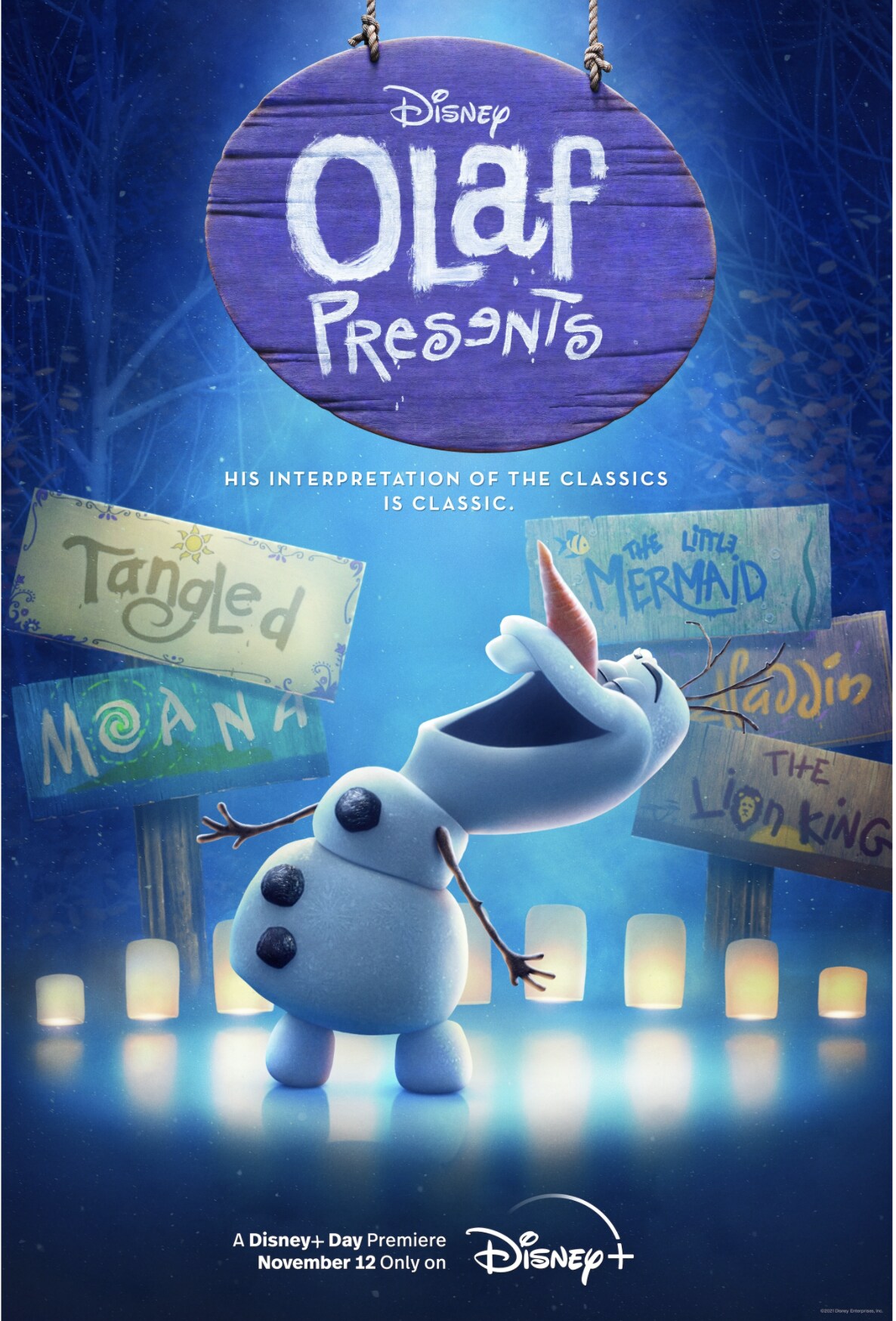 Olaf appears in lights in his new short, Olaf Presents