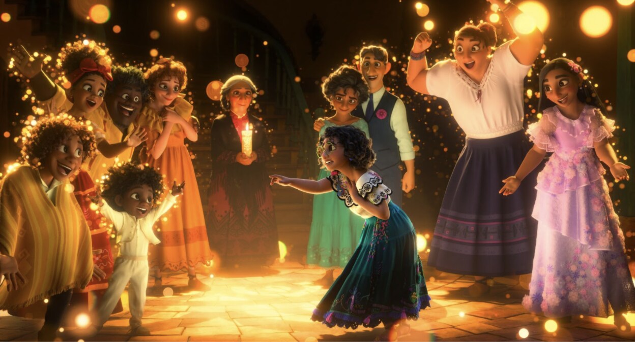 Mirabel points to one of her family members in Walt Disney Animation Studios' Encanto
