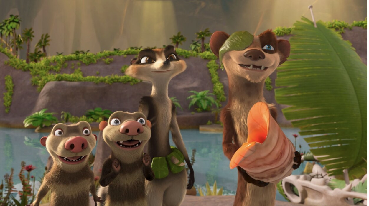 Crash, Eddie, Zee and Buck stand together in The Ice Age: Adventures of Buck Wild