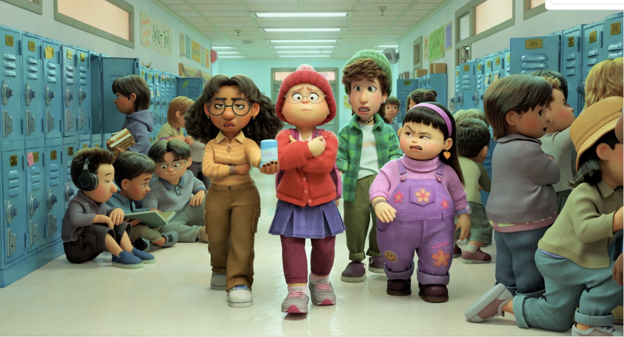 Mei and her friends walk the school halls in Disney and Pixar's Turning Red