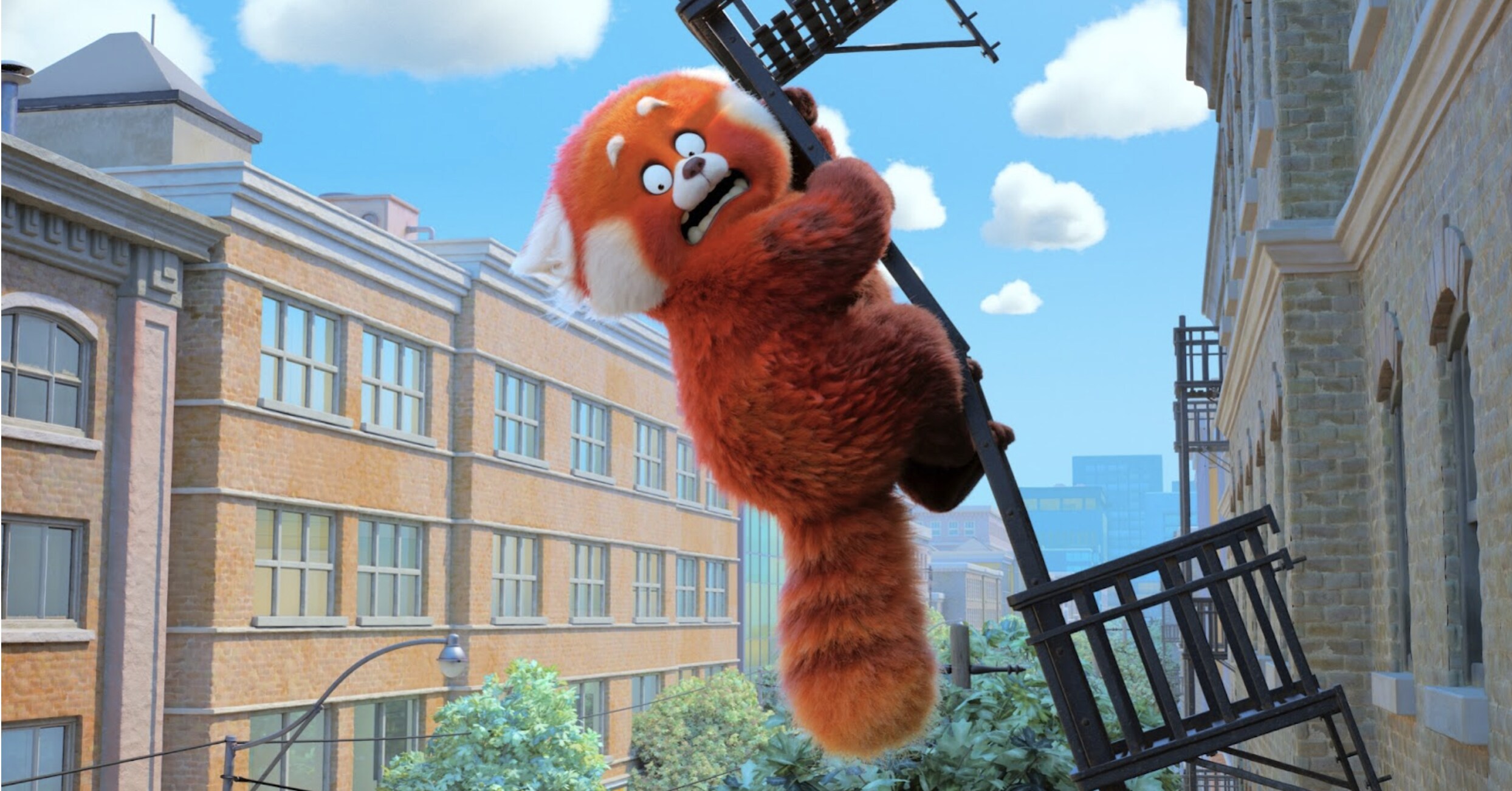 The Red Panda panics as the fire escape is bending from its weight in Disney and Pixar's Turning Red