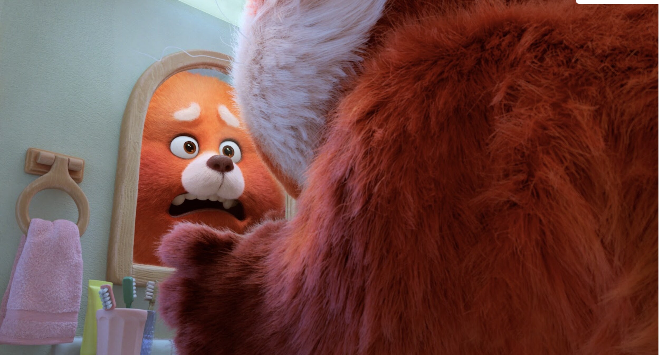 Mei frightfully looks in the mirror as she has become a Red Panda in Disney and Pixar's Turning Red