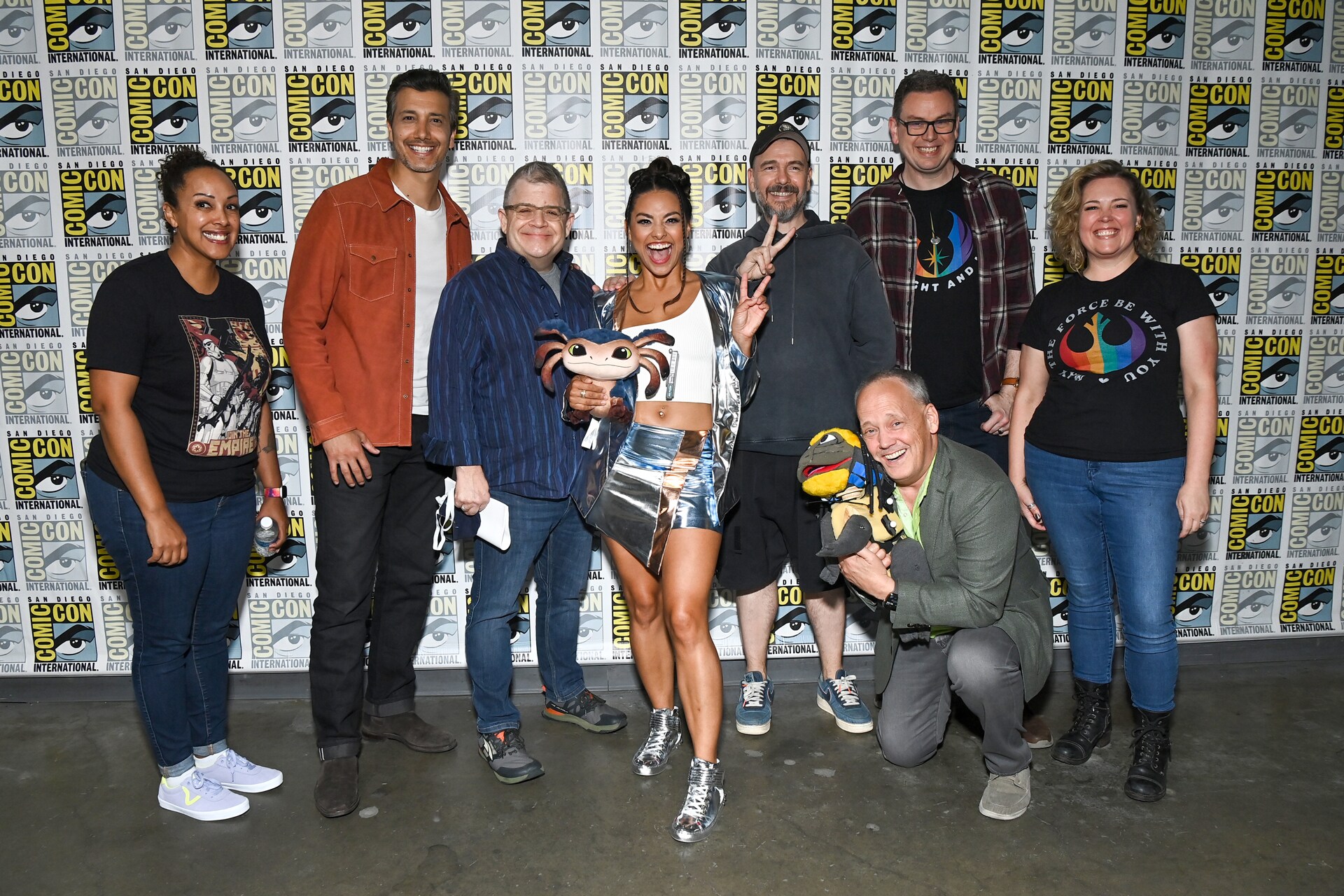 (L-R) Justina Ireland, Jay Rincon, Patton Oswalt, Humberly González, Julian Gerighty, Dee Bradley Baker, Cavan Scott, and Tessa Gratton (Photo by Araya Doheny/Getty Images for Disney)