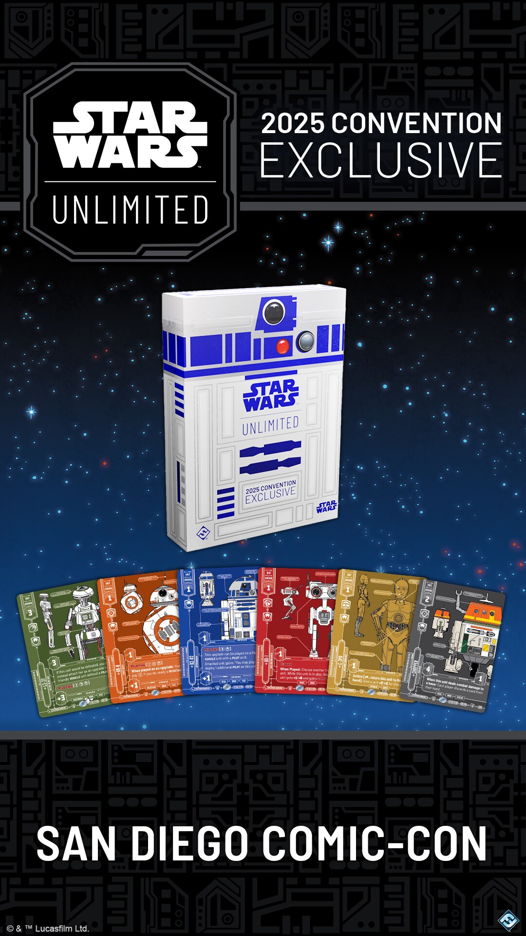 Six variant cards in a blueprint-style designs including R2-D2 and BD-1.