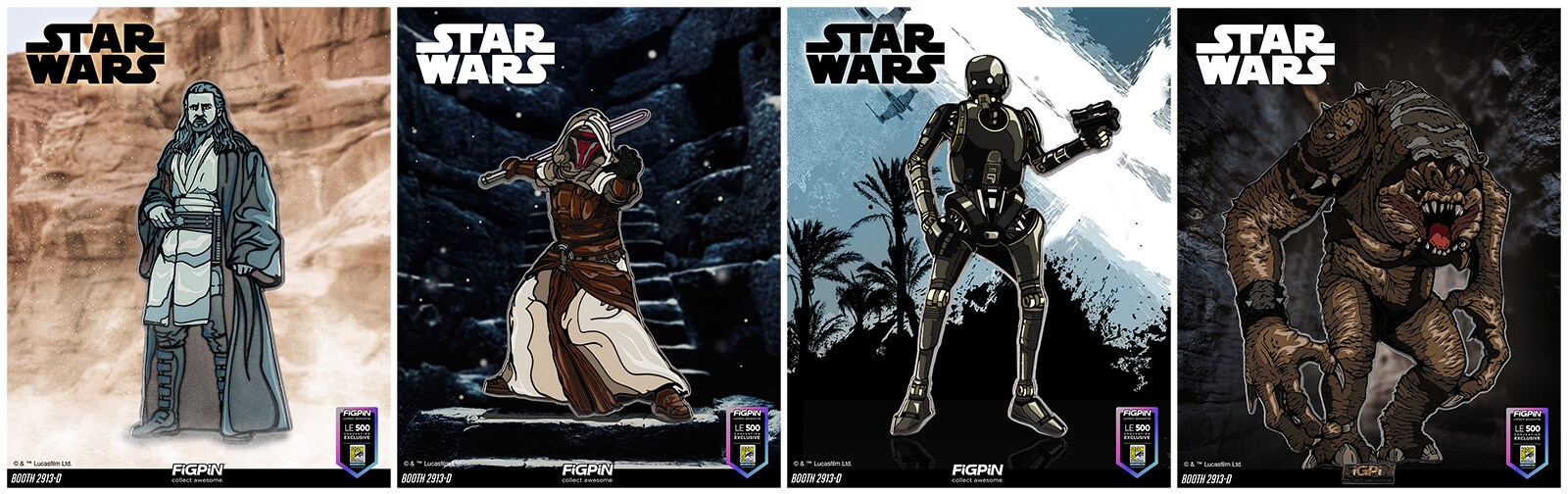 FiGPiN Force Ghost Qui-Gon Jinn, Jedi Knight Revan, and K-2SO, and extra-large rancor