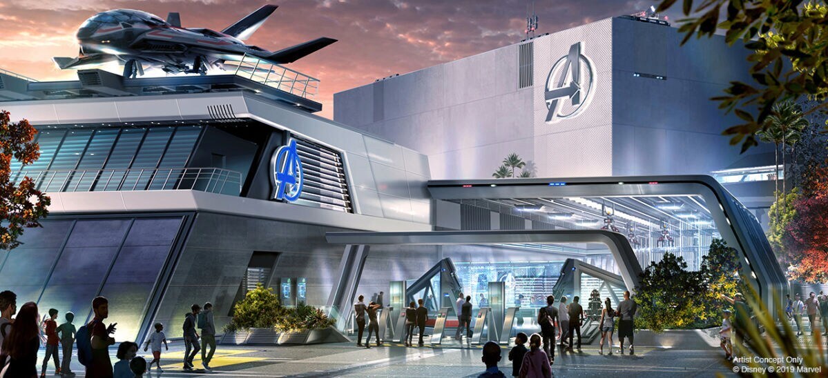 Concept Art showing the outside of the Avengers Headquarters in the upcoming Super Hero-themed land